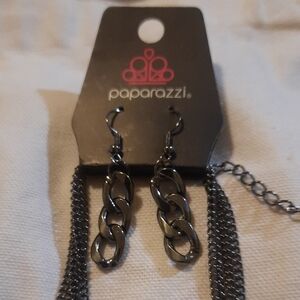 Paparazzi Gunmetal Chain Earrings With Double Necklace